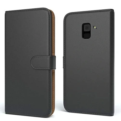 Abbildung von EAZY CASE Tasche kompatibel mit Samsung Galaxy A8 (2018) Schutzhülle Standfunktion Klapphülle Bookstyle, Handytasche Handyhülle Magnetverschluss und Kartenfach, Kunstleder, Schwarz
