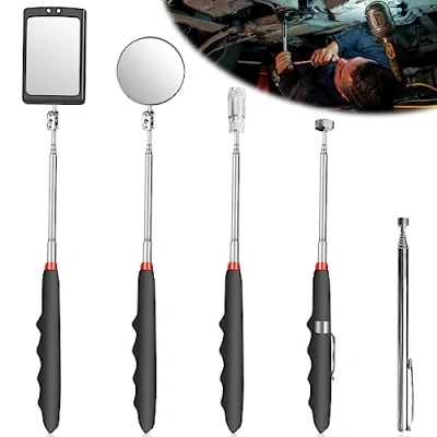 Abbildung von Leikurvo 5 Stück Versenkbar Inspektionsspiegel Kit: Teleskopspiegel Teleskop Magnet Werkzeug mit LED Lampe, Quadratisch und Runder Teleskopgriff 360 Drehbar Pick up Tool Set