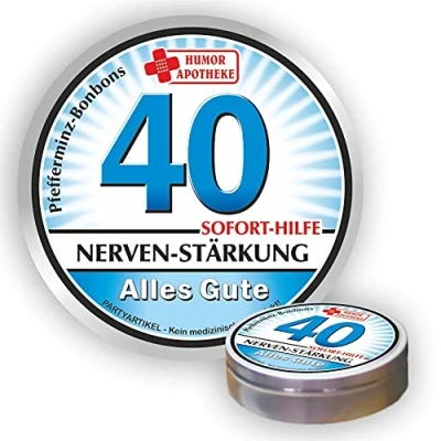 Abbildung von Pfefferminz Bonbon Metalldose Zum 40. Geburtstag, Nervenstärkung Alles Gute Soforthilfe Humorapotheke Spaßmedizin Humormedizin Pfefferminzdragees Dose Blechdose Pillendose