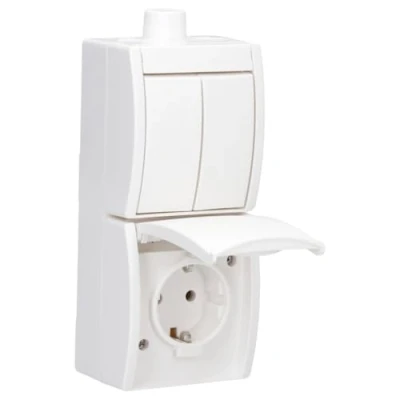 Abbildung von Busch Jaeger 2601/5/20EW 54 503 Kombination SCHUKO® Steckdose, mit Wippschalter Serienschaltung (Thermoplast) Alpinweiß ocean® (IP 44) 2CKA001684A0328