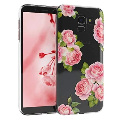 Abbildung von EAZY CASE Handyhülle Silikon mit Kameraschutz kompatibel Samsung Galaxy J6 im Blumen Design, Rosen Motiv Hülle, Ultra dünn, Slimcover, Silikonhülle, Backcover, Transparent Blumenmuster