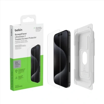 Abbildung von Belkin ScreenForce UltraGlass 2 antimikrobielle iPhone 15 Pro Display Schutzfolie, kratzfest, dünnes Glas, Härtegrad 9H, mit Positionierungsschale zur blasenfreien Anbringung