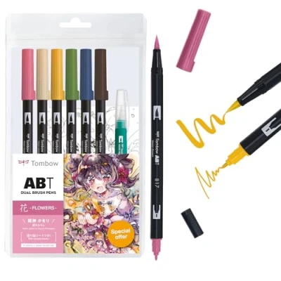 Abbildung von Tombow AB T6CFRQA Bleistift Pinselstift, Doppelpinsel, ABT, 6 Farben und Wasserpinsel, Illustrationsset, Blumenmotiv