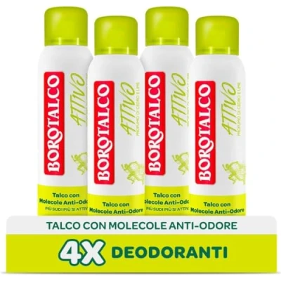 Abbildung von Borotalco, Aktives Deodorant Spray Gelb, Talkum mit geruchshemmenden Molekülen, frische Wirksamkeit, 48h ohne Alkohol, Duft von Zeder und Limette 4 Stück à 150 ml Exklusiv Amazon