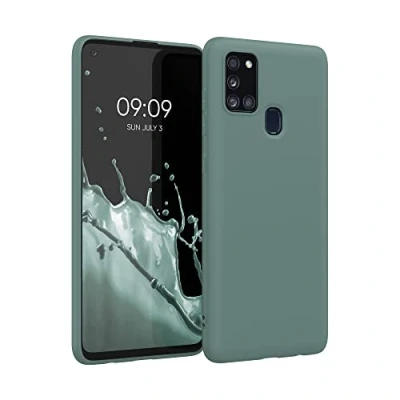 Abbildung von kwmobile Hülle kompatibel mit Samsung Galaxy A21s weiches TPU Silikon Case Cover geeignet für kabelloses Laden Blaugrün