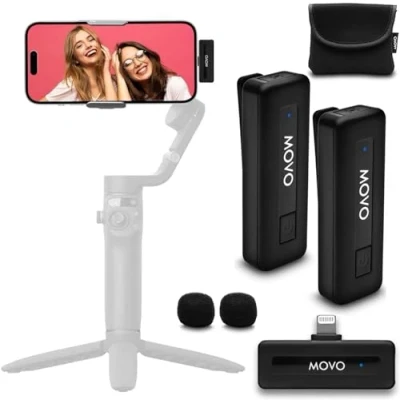 Abbildung von Movo Wireless Mini Duo Ultrakompaktes Dual Mikrofon für iPhone mit Clip auf Lavalier Mikrofon, 10 HR Akku, 50 m Reichweite, Geräuschunterdrückung, Lightning Videoaufnahmen