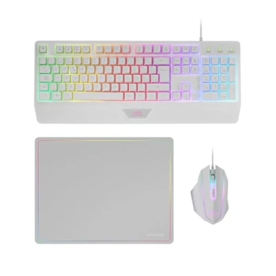 Abbildung von MARSGAMING MCP124, 3in1 Gaming Combo, Ergonomische H Mech LED RGB Tastatur, Maus 3200DPI HUANO Switches, Nanotextil Mauspad 360x260mm, Multiplattform Kompatibilität, Portugiesisch Layout, Weiß