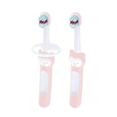Abbildung von Mam Baby&#039;S Brush Zahnbürste im 2er Set, mit Sicherheitsring, kurzer Griff, speziell für Milchzähne, 6 Monate, Rosa