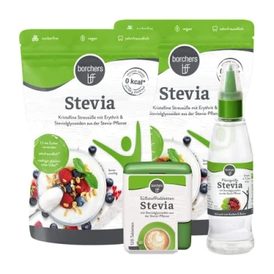 Abbildung von borchers bff Stevia Probierpaket 2x Kristall Streusüße 300g 1x Flüssigtafelsüße 125ml Tabletten 120Stück
