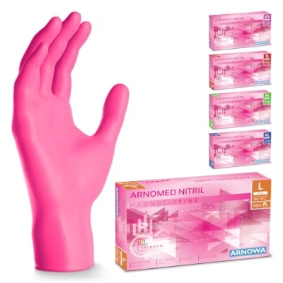 Abbildung von 500 Stück ARNOMED Einweghandschuhe Pink, Einmalhandschuhe L, Nitril Handschuhe, Nitrilhandschuhe puderfrei, Gummi Handschuhe Einweg, Schutzhandschuhe, in XS, S, M, XL