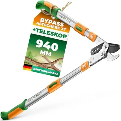 Abbildung von GRÜNTEK Teleskop Astschere 685 940mm 6 fach verstellbare Bypass Astschere, SK5 Karbonstahl, ideal zum Stutzen von trockenem Holz Rutschfeste 2 Komponenten Griffe