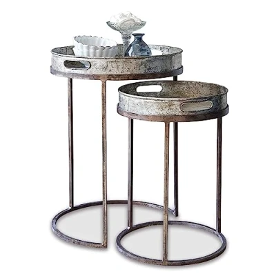 Abbildung von Loberon Beistelltisch 2er Set Saint Mark, Zwei Größen, ineinander schiebbar, abnehmbare Tabletts, mit Antik Finish, Beistellmöbel, Abstelltisch, Eisen, antiksilber