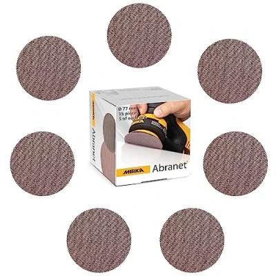 Abbildung von Mirka Abranet Netzschleifscheiben Ø 77mm Klett / Mix Pack 5 von jeder Körnung 80, 120, 180, 240, 320, 400, 600 35 Stk Für alle Exzenterschleifer und Schleifmaschinen