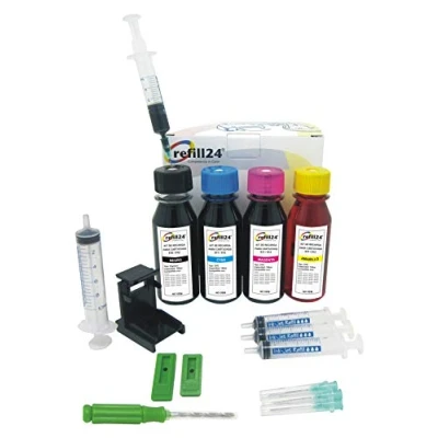 Abbildung von refill24 Nachfüllset: Nachfülltinte 400 ml kompatibel für Druckerpatronen Canon PG 510 512 CL 511 513 Schwarz und Farbe + Zubehör Anleitung, Refillset mit Druckertinte Pixma MP MX