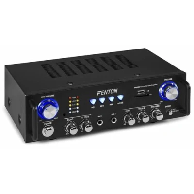 Abbildung von Fenton AV100BT Mini Verstärker 100 Watt, Kleiner HiFi Verstärker, Amplifier mit Bluetooth, SD, USB, MP3, 2X MIC IN, RCA Echofunktion, Karaoke beleuchtet, 8Ohm Schwarz