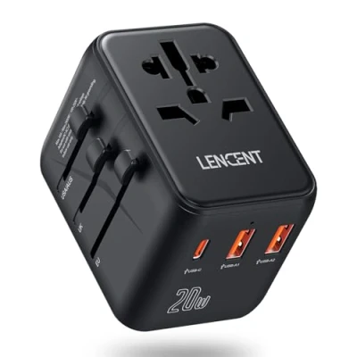 Abbildung von LENCENT Universeller Reiseadapter, Weltreise Reisestecker Internationaler Adapter mit 2 USB &amp; Typ C PD 20W, Weltweites Ladegerät für Handys, Laptop, USA/UK/EU/AUS Steckdosen, Weiß