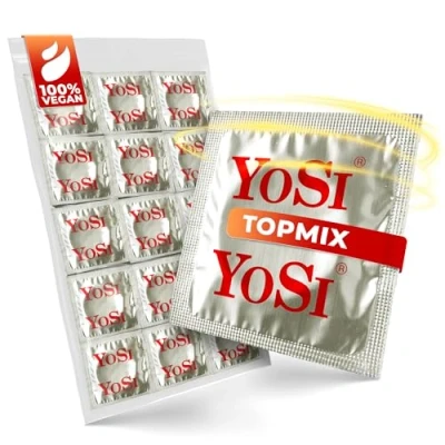 Abbildung von 100 YOSI Markenkondome „Topmix“ reguläre Passform 53 mm Breite Mixed Kondome (20x Ribbed/20x Ultra Thin/20x Banane/20x Erdbeere/20x Traube) Condoms for men Stück (2 x 50 Stück)