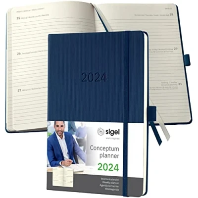 Abbildung von SIGEL C2462 Terminplaner Wochenkalender 2024, ca. A5, dunkelblau, Hardcover, 192 Seiten, Gummiband, Stiftschlaufe, Archivtasche, PEFC zertifiziert, Conceptum