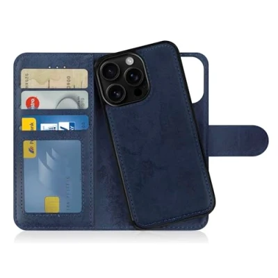 Abbildung von MyGadget Flip Case für iPhone 16 Pro [ abnehmbare Magnet Hülle ] Handyhülle aus Kunstleder Klapphülle mit Kartenfach Schutzhülle in Dunkelblau