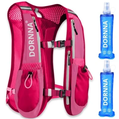 Abbildung von DORNNA Laufweste Damen und Herren mit 2 Trinkflasche 500 ml, Running Vest Einheitsgröße, Laufrucksack Herren, Trinkrucksack Laufen. (Rosa + Soft Flask 500ml)