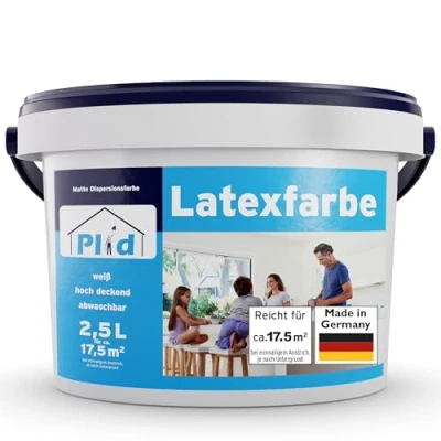 Abbildung von plid Latexfarbe abwaschbare Wandfarbe Küchenfarbe Innenfarbe Badfarbe, Schnelltrocknend, spritzarm, verarbeitungsfertig