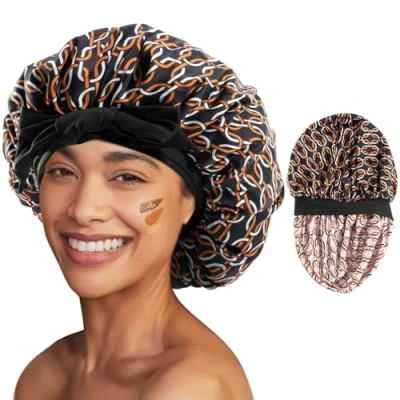 Abbildung von Lolalet 1 Stück Seidenhaube zum Schlafen Satin Bonnet, Seide Schlafmütze Schlafhaube für Damen Mädchen Haarhaube Schloss Ketten Druck