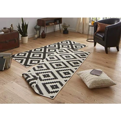 Abbildung von NORTHRUGS Outdoor Teppich Malta Wendeteppich Wetterfest Modernes Geometrisches Muster Läufer für Balkon Terrasse Garten Wintergarten Wohnzimmerteppich Wasserfest, Polypropylen, Schwarz,Creme, 80x350cm