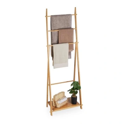 Abbildung von Relaxdays Handtuchständer Bambus, 4 Stangen, 1 Ablage, HBT: 153 x 53,5 30 cm, freistehend, Duschtuchhalter Bad, Natur