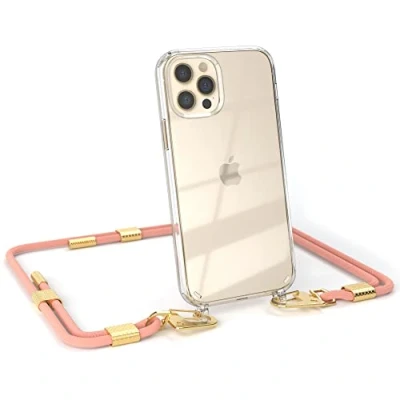 Abbildung von EAZY CASE kombinierbare Handyketten kompatibel mit iPhone 12/12 Pro, Transparente Silikon Hülle stylischen rundem Umhängeband, abnehmbar durch Karabiner, Handykordel, Korall Clips Gold