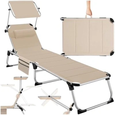 Abbildung von tectake® Sonnenliege mit Dach, Liege klappbar Kopfkissen + Seitentasche, zusammenklappbar, leicht tragbar, Strandliege, Liegestuhl für Garten, Camping beige