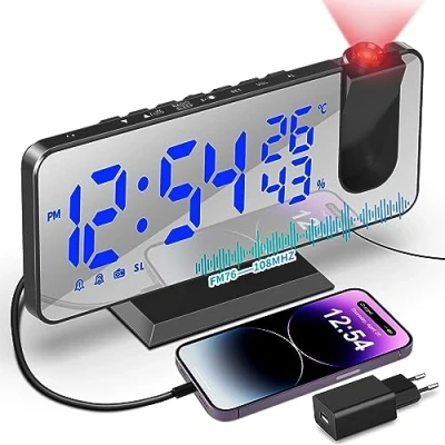 Abbildung von TAKRINK Wecker Digital Radiowecker mit 4 Stufen Bildschirmhelligkeit Projektionswecker Temperatur Projektion Dual Alarm 12 / 24H USB Anschluss