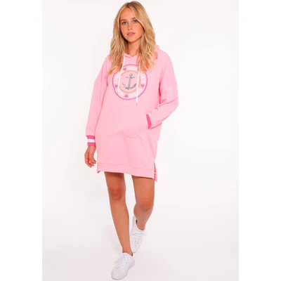 Abbildung von Zwillingsherz Sweatkleid &quot;Zuhause am Strand&quot; mit Kapuze, Taschen, Front und Backmotiv Bündchen Neonstreifen