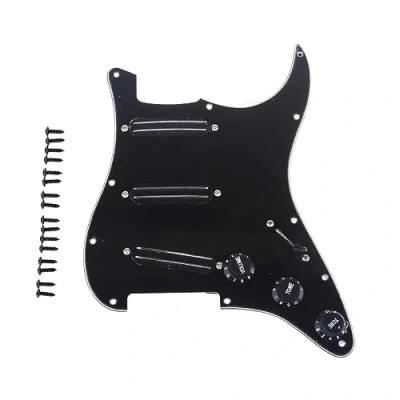 Abbildung von Musiclily 11 Loch Loaded Prewired Pickguard ST Gitarren Vorverdrahtetes Schlagbrett mit Hot Rails Humbucker Pickups Single Coil Format Set für Fender Squier Strat E Gitarre, 3 lagig Schwarz