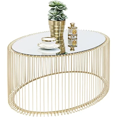 Abbildung von Kare Design Couchtisch Wire Uno, Brass, Wohnzimmertisch, Beistelltisch, Stahlgestell, Glas Tischplatte, oval, 41x90x60 cm (H/B/T)