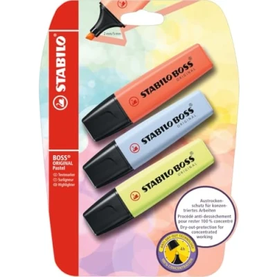 Abbildung von Textmarker STABILO BOSS ORIGINAL Pastel 3er Pack Korallrot, Wolkenblau, Prise von Limette