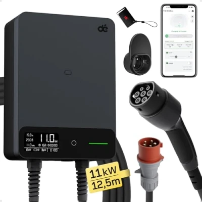 Abbildung von dé Typ 2 Wallbox 11kW mit APP und RFID, 6 16A 3 Phasen EV Ladegerät 400V 12,5m Ladekabel Kabelhalter für BEV/PHEV, RCD B &amp; IP54 Schutz, effiziente Ladestation Zuhause, schwarz