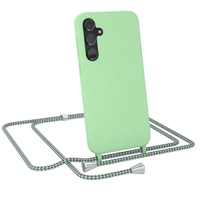 Abbildung von EAZY CASE Hülle mit Band kompatibel Samsung Galaxy A35 Handyhülle für Silikon Mikrofaser stoßfester Fallschutz Kette zum Umhängen Handykordel Hell Grün Camouflage Clips Silber