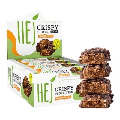 Abbildung von HEJ Vegan Crispy Double Peanut High Protein Riegel, zuckerarm nur 0,8 g Zucker schokoladiger, knuspriger Eiweißriegel, palmölfrei, Low Sugar Snack Bar 12 Proteinriegel x 45