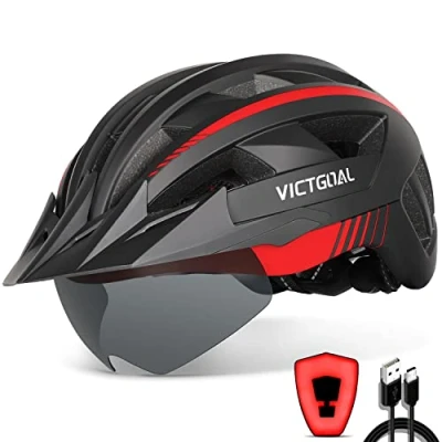 Abbildung von VICTGOAL Fahrradhelm Herren Damen MTB Helm mit Abnehmbarer Magnetische Schutzbrille Visier Atmungsaktiv 21 Belüftungskanäle Radhelm Einstellbare Fahrradhelme (L: 57 61cm, Schwarz Rot)