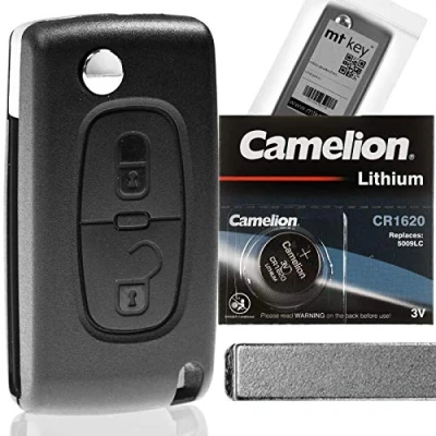 Abbildung von mt key Klapp Schlüssel Reparatur Gehäuse 2 Tasten + VA2 Rohling 1x CR1620 Knopfzelle, (3 V), für Peugeot Citroen 208 207 307 Funk Fernbedienung