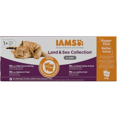 Abbildung von IAMS Delights Land &amp; Sea Collection Katzenfutter Nass Multipack mit Fleisch und Fisch Sorten in Gelee, Nassfutter für Katzen ab 1 Jahr, 72 x 85 g