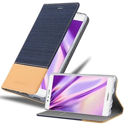 Abbildung von Cadorabo Hülle kompatibel mit Huawei P9 aus Premium Jeans und Kunst Leder Flip Klappbare Stoßfeste Magnetische [Standfunktion] [Kartenfächern] Cover für Tasche in Blau