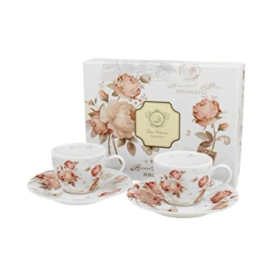 Abbildung von Duo Gift Tasse Set mit Untertassen, Tieren / Vogel Blumen Planzen Kollektion, Porzellan 2 Espressotassen Espresso ca. 90 ml Untertassen: Durchmesser 12,5 cm, SECESSION Rosen, Blumen, Rose, Kaffee Tee Ideal als Geschenk Sammlung