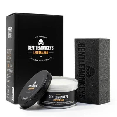 Abbildung von GENTLEMONKEYS High Performance Lederbalsam Set Auto (250 ml + Applikationsschwamm) Intensive Pflege Für alle Arten von Glattleder mit UV Schutz Auto, Sofa, Möbel Farbneutral