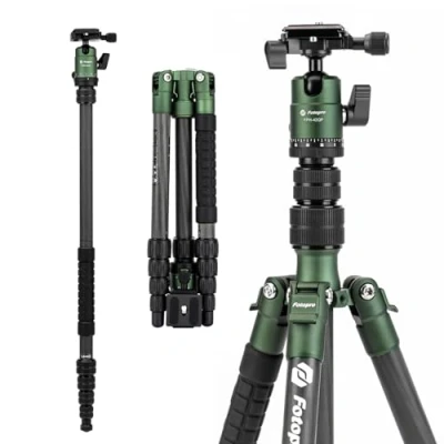 Abbildung von Fotopro 150CM Carbonfaser Reisestativ, Kompaktes Kamerastativ mit Kugelkopf, Abnehmbares Einbeinstativ Schnellwechselplatte und Tasche, Belastbar bis 8KG, Grün