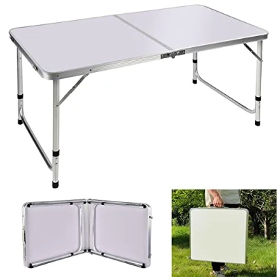 Abbildung von Aluminium Klapptisch, tragbar, faltbar, Picknicktisch, Campingtisch, 3 fach höhenverstellbar, leicht, rechteckig, für Garten, Outdoor, Picknick, Camping, Esstisch, Weiß, 120 x 60 70/62/55 cm