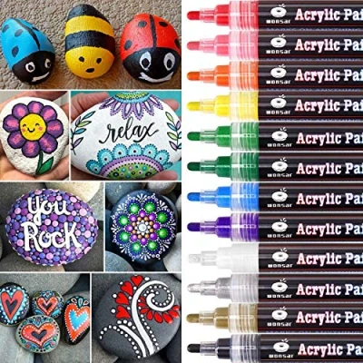 Abbildung von wonsar Acrylstifte Marker Stifte, 12 Farben Wasserfest für Steine Bemalen, Acrylfarben Stifte Glas Kinder DIY Keramik Porzellan Metall Kunststoff Holz, Leinwand (Medium Spitze)