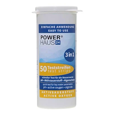 Abbildung von POWERHAUS24 50 Teststäbchen 3 in 1 Teststreifen Teststrips für Aktivsauerstoff, pH Wert und Algenschutz, Pool Whirlpool