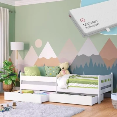 Abbildung von Bellabino Kinderbett Kuru 90x200 mit 2 Schubladen, Einzellbett für Kinder inkl. Rausfallschutz und Lattenrost, Bett weiß, Jungen Mädchen Matratze