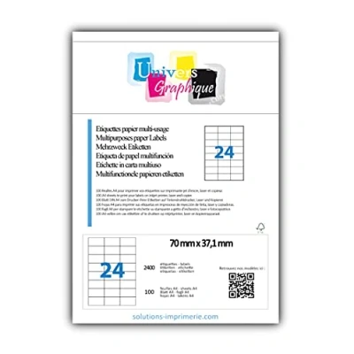 Abbildung von 100 Blatt DIN A4 zu je 24 Etiketten (70 x 37,1 mm)= 2.400 bedruckbare Etiketten, permanent haftend, mattweiß. Kompatibel mit allen gängigen Drucksystemen und Softwareprogrammen